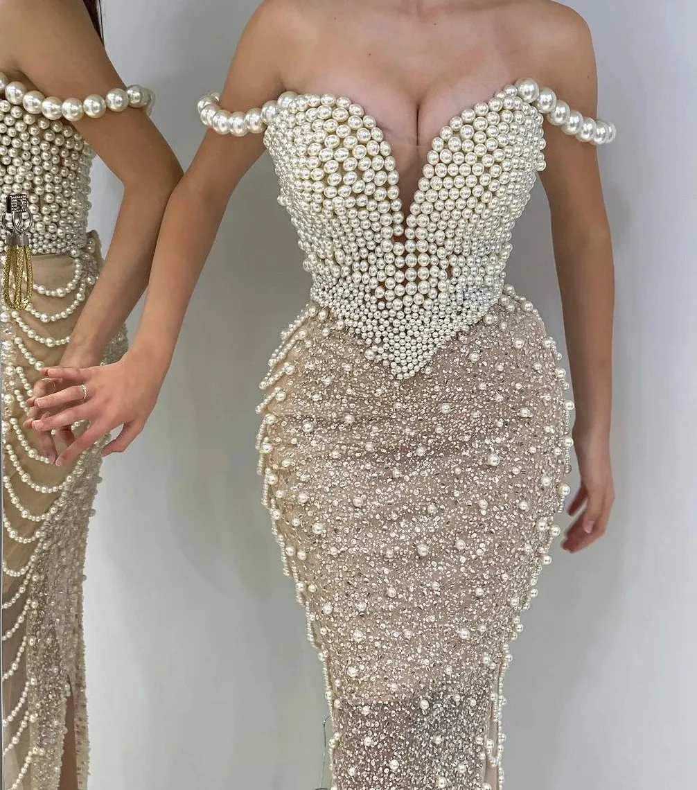 Luxury Pearls Beaded Prom Dresses Elegant Off The Shoulder Evening Dress Floor Length Sequined Celebrity Party Gown Customized