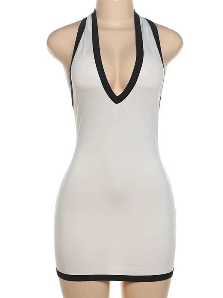 Sexy Deep V Neck Backless Halter Bodycon Dress Women Contrasting Striped Edge Skinny Mini Dress Elegant Club Party Dresses XJ250610