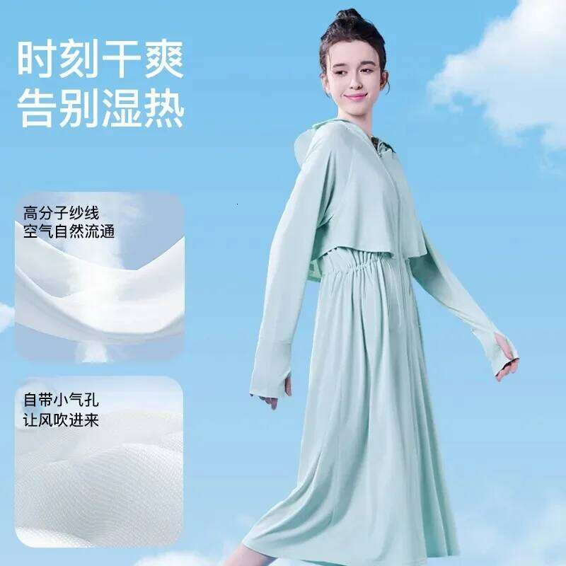Korean Women Over The Knee Sunscreen Clothing Summer Lady Ice Silk Sun Protection Shirt Female Fashion Hooded Ultraviolet Proof