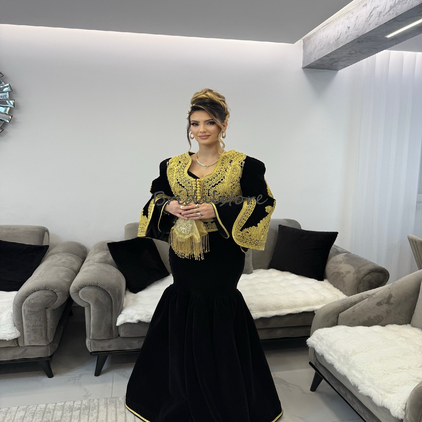 Kosovo Cultural Caftan Prom Dress With Gold Lace Long Sleeve Mermaid Evening Dress 2025 Moroccan Arabian Takchita jalabiya Black Formal Birthday Party