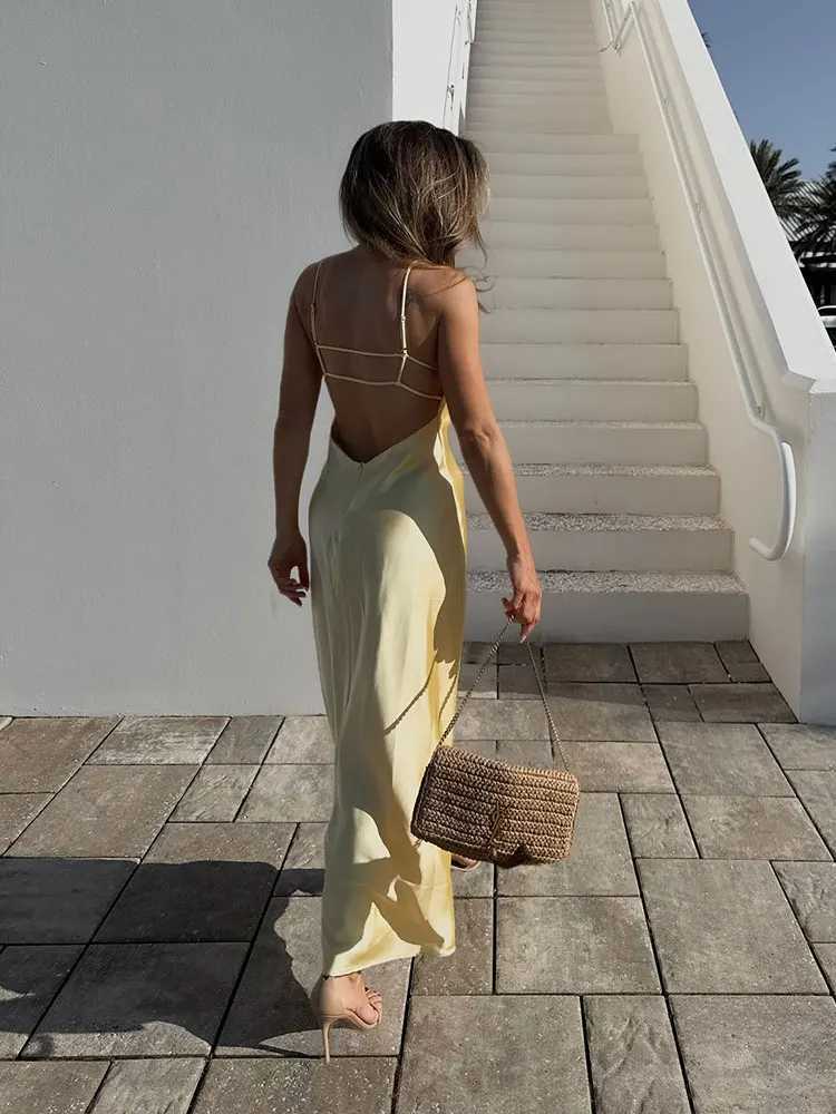 TRAFZA Pink Stain Sling Dresses Women Elegant V Neck Sleeveless Backless Slim Long Dress 2025 Summer Lady Party Holiday Dress XJ250610