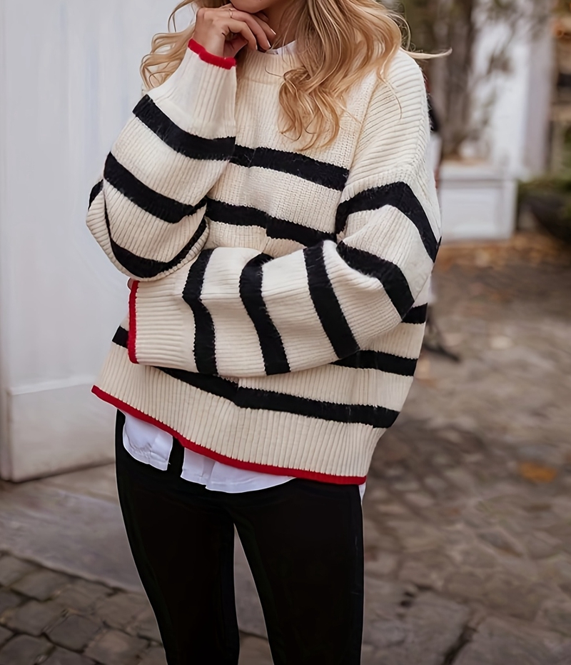 Contrasting striped pullover ladies sweater women autumn and winter new European and American leisure long-sleeved sweater women