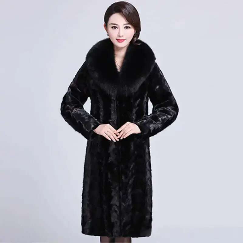 Women's Winter Warm Black with Mink Mid-length Fox Fur Collar Coat Plus Size Thick and Elegant