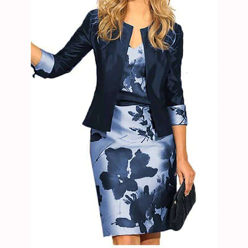 Female Spring Autumn New Solid Three Quarter Sleeve Top And Floral Print Package Hip Dress Two Piece Sets Fashion Suit