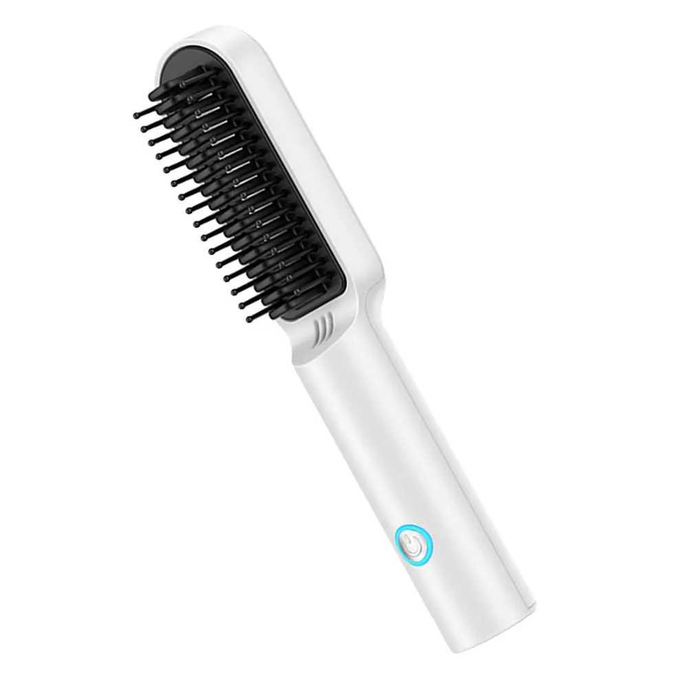 Portable Hair Straightener Comb ABS Material White Color Lightweight Easy to Carry USB Rechargeable Hairdressing Tool for Curly W250610