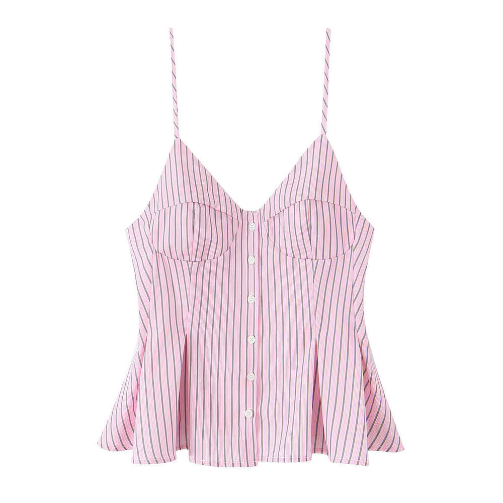 6013- New Women's Fashion V-Neck Buttoned Solid Color Pleated Camisole Top For Women B5