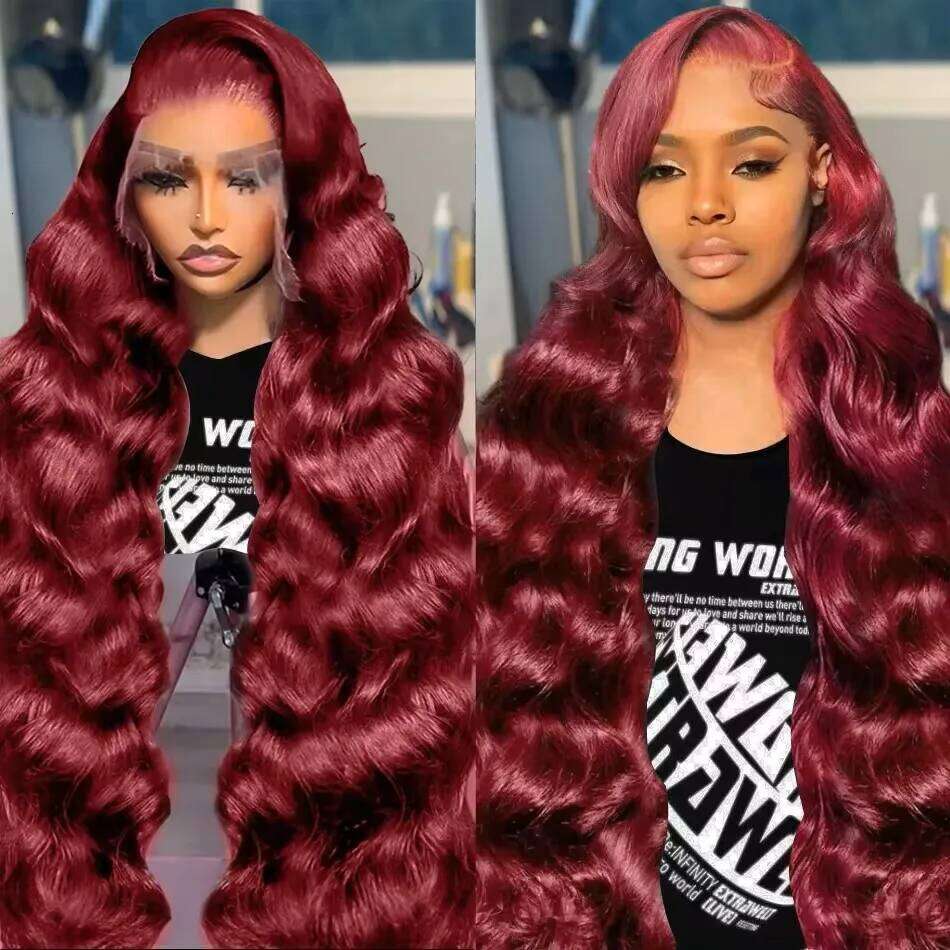 99J Bury Body Wave 13x4 Front Wig 13x6 100% Human Hair HD Transparent 40 Inch Lace Frontal Wigs Red Wine Brazilian 200%