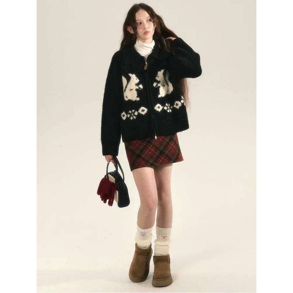 ADAgirl Kawaii Squirrel Graphic Women Cardigan Oversized Sweater Zipper Long Sleeve Knitwear Cutecore Christmas Winter Clothes