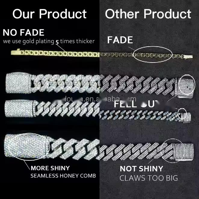 OACOCA Custom 15mm Baguette Iced Out 925 Silver Hiphop Men VVS Diamond Moissanite Cuban Link Chain Moissanite Cuban Necklace