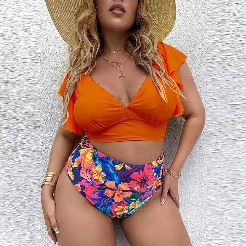 Plus Size High Waist Ruffle Set Sexy Flounce Bikini Swimwear Women Two Pieces Swimsuit Floral Beachwear V-neck