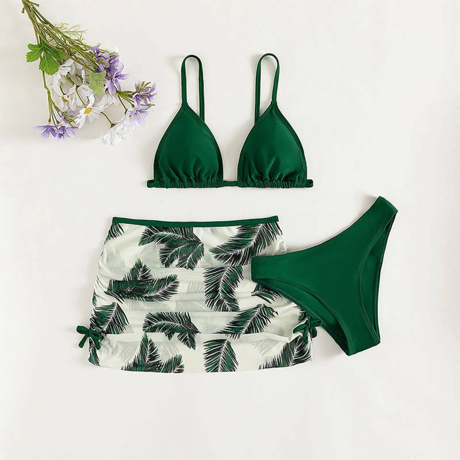 Kids Child Girls 3 Piece Swimsuits Bathing Soild Bikini Top Underpants Leaf Print Skirt Summer Swimwear Beachwear Swim Suit