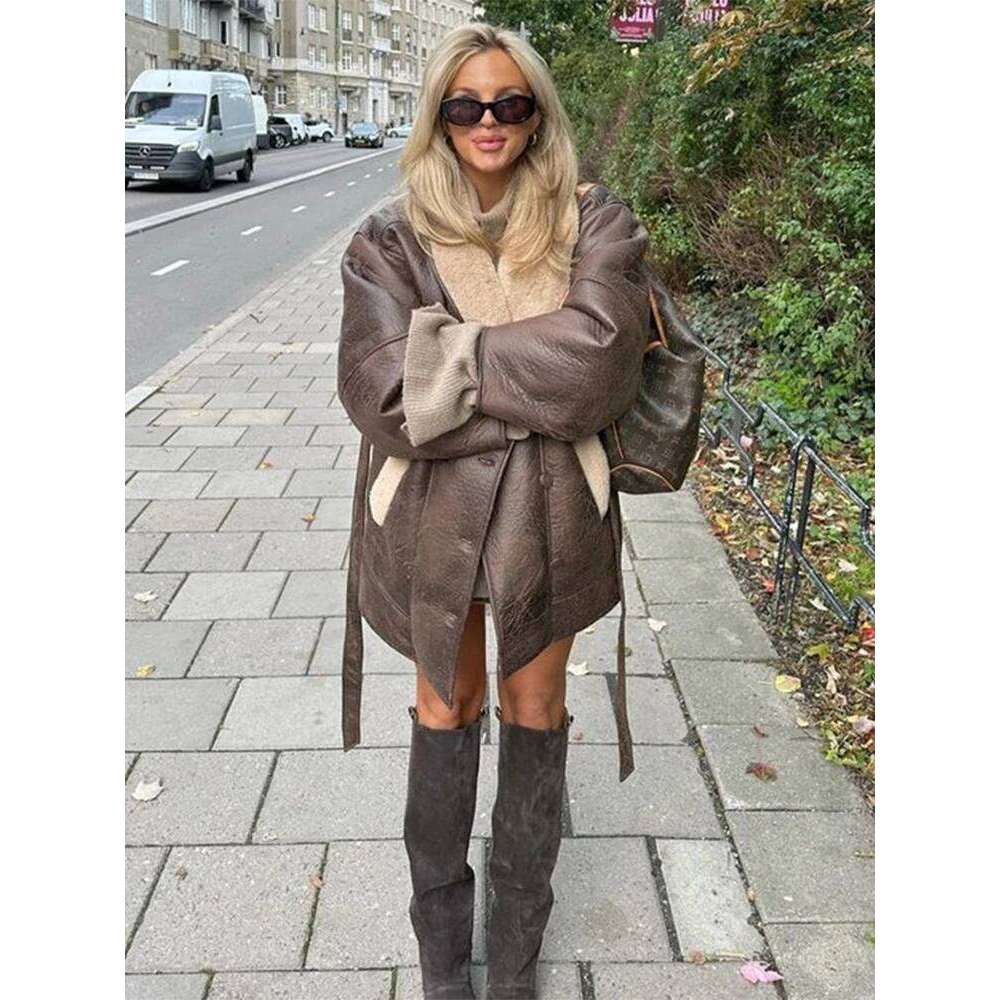 Vintage Women's Faux Wool Leather Coat with Belt Loose Lapel Pocket Long Sleeve Female Overcoat Autumn Winter Lady Warm Coats