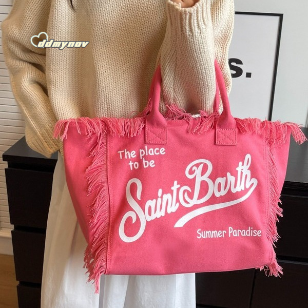 Large Capacity Tote with Letter Tassel Canvas Simple Commuter Student Shoulder Bag ddmynov