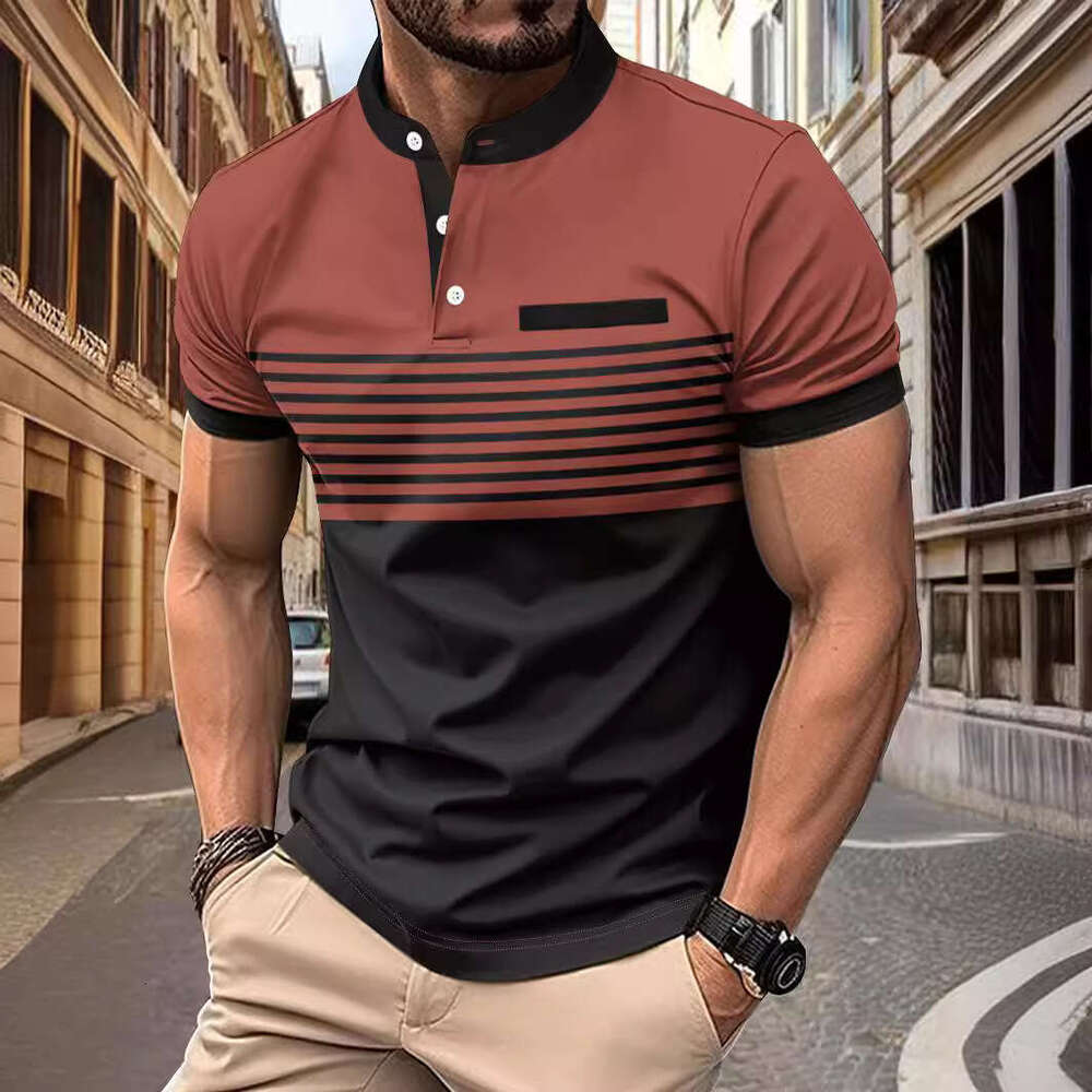 Summer New Fashion Striped Stand Collar Short Sleeve Polo Men's Golf Henley Shirt B5