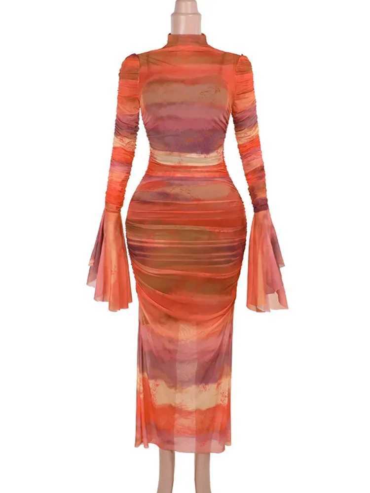 Chaxiaoa Print Flare Sleeve Sexy Maxi Dress for Women Elegant High Waist Ruched Bodycon Club Party Female Fashion Long DressXJ250610