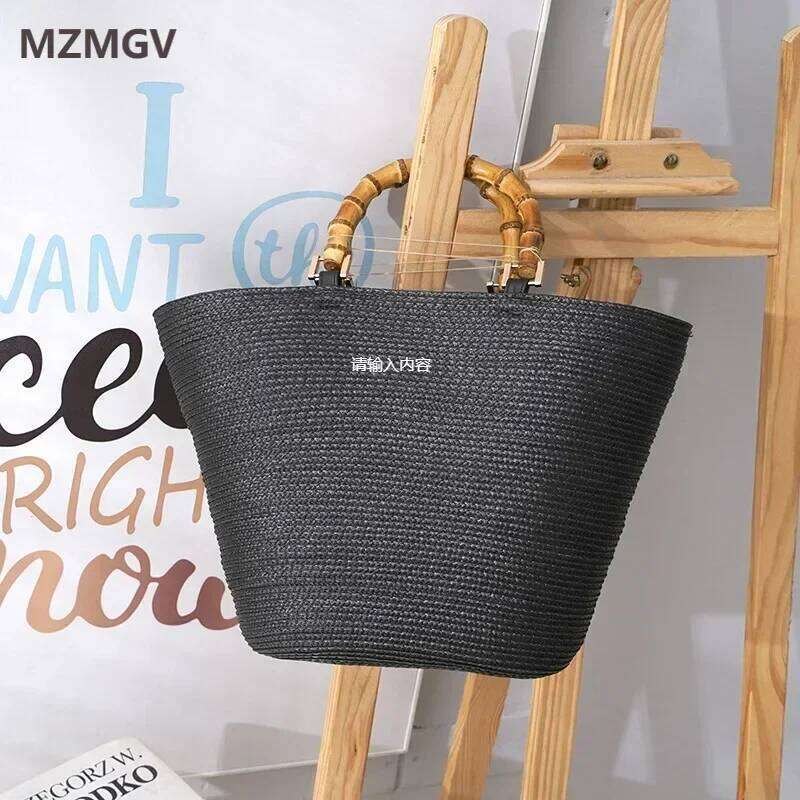 Large Capacity Bamboo Handle Straw Casual Rattan PP Grass Woven Color Matching Striped Tote Summer Beach Shoulder Bag
