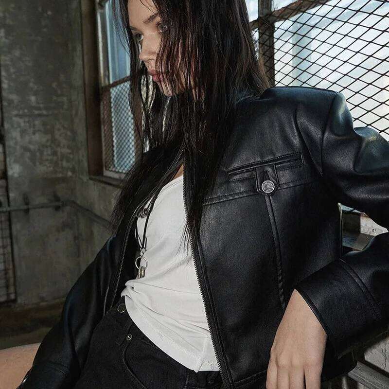 Lygens Leather Long Sleeve Zipper Metal Button Slim Jackets Coats 2023 New Winter Casual Y2K Wholesale Vacation Clothing