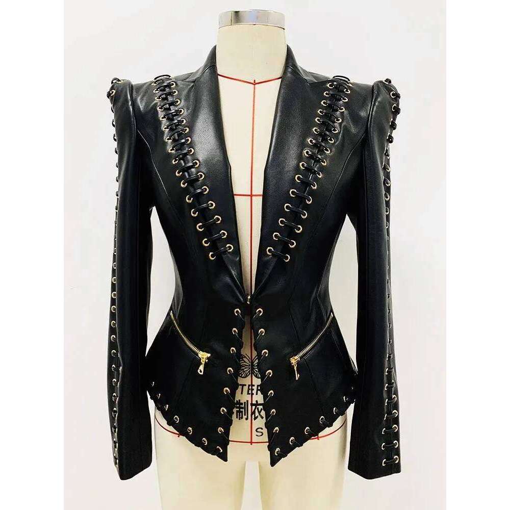 Lautaro Spring Autumn Short Black Fitted Pu Leather Blazer Jacket Women Long Sleeve Elegant Designer Lace Up Clothes