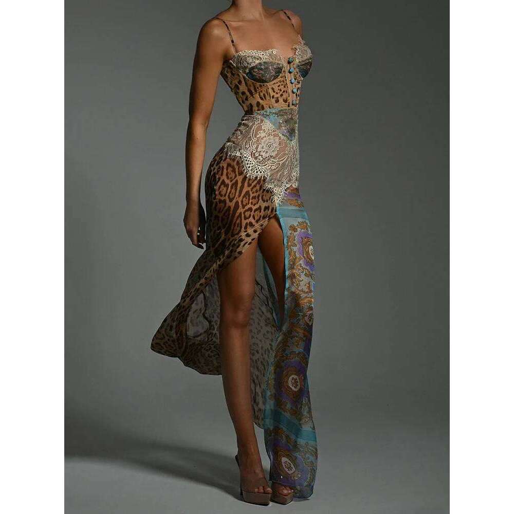 Mozision Leopard Print Lace Split Sexy Maxi Women Gown Elegant Patchwork Chiffon Sleeveless Backless Beach Evening Dress