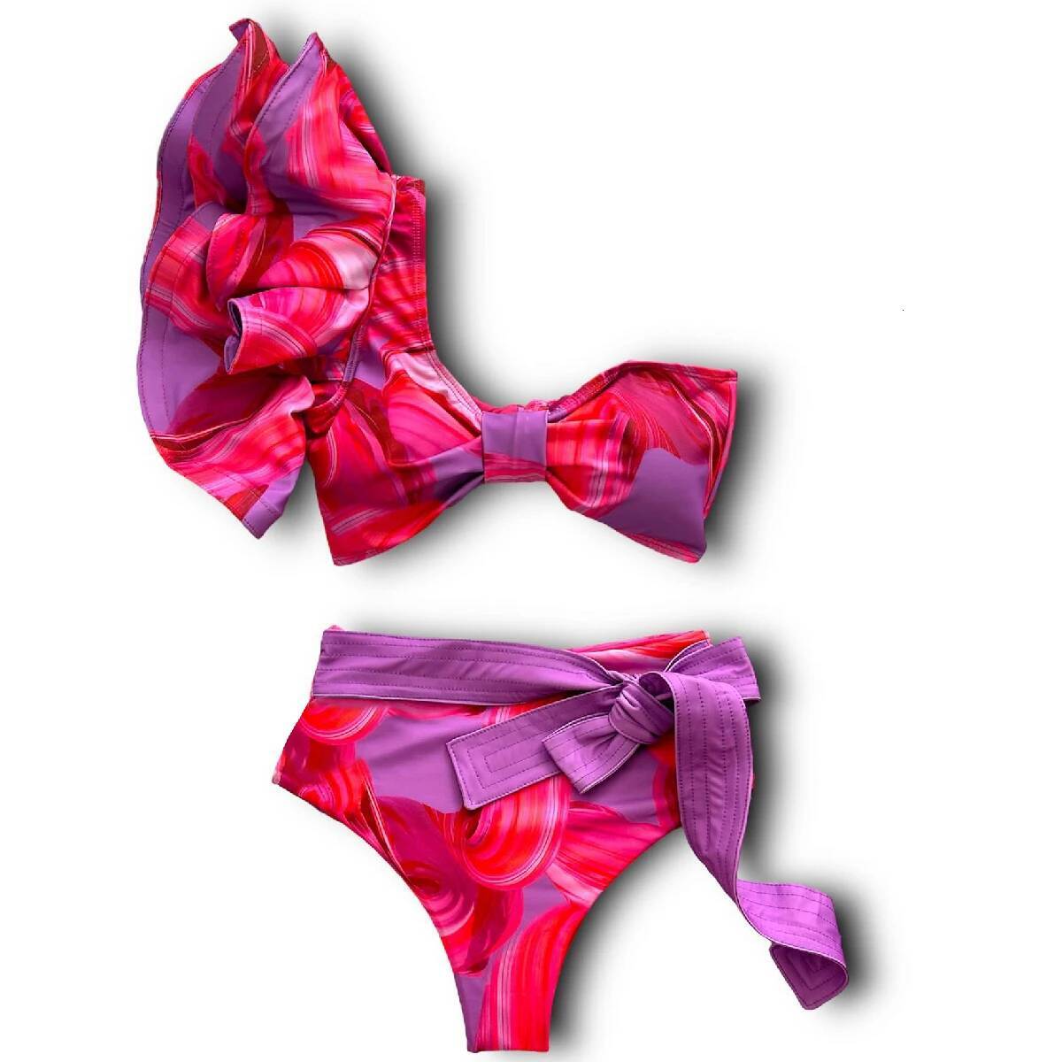 Printed Two Pieces Women Swimsuit With Cover Up Shoulder Ruffle Bikini Set Sexy Strappy Swimwear Female Biquini Swim Suit Beach