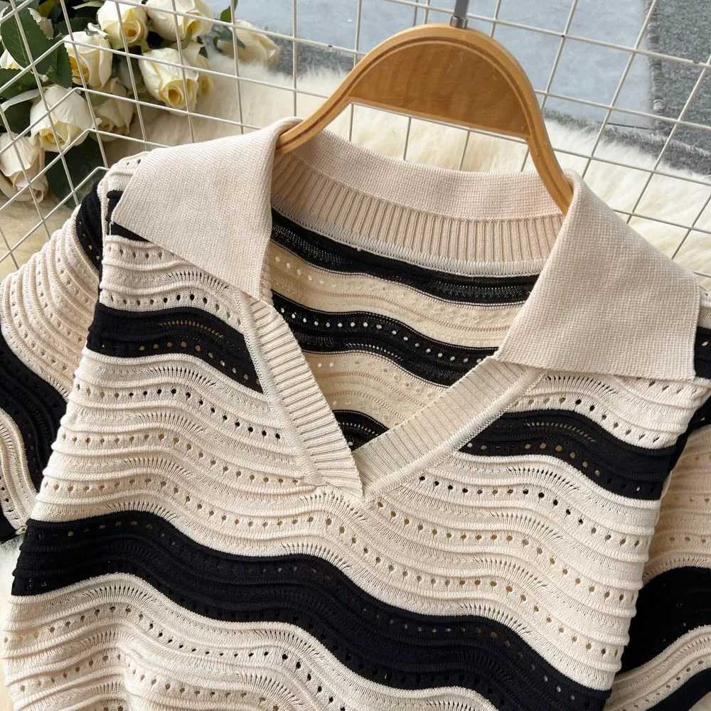 Short Sleeves Striped Long Dress Lapel Neck Hollow Out Slim Bodycon Sundress Fashion Hotsweet Knitted Beach Midi Dress XJ250610