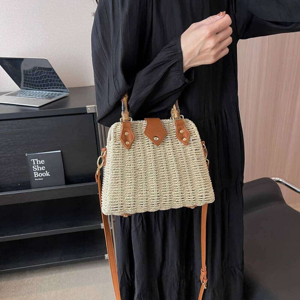 Summer Straw Basket For Women 2023 Bamboo Handle Rattan Handbags Beach Shoulder Crossbody Bag Travel Woven Bags Bohemia