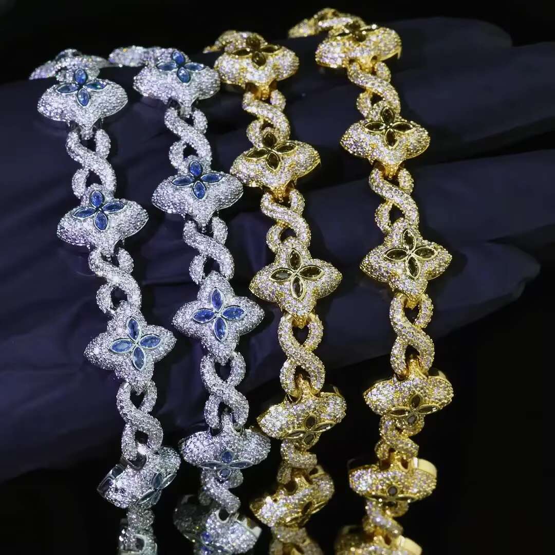 New Elegant Beautiful VVS Moissanite Diamond Icedout Four Leaf Clover Infinity Link Sterling Silver Gold Jewelry Bracelet