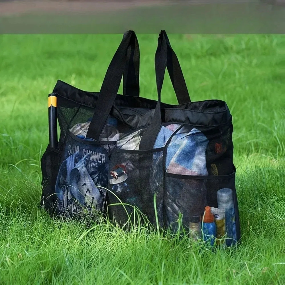 1pc Extra Large Mesh Beach Bag Breathable Tote With Zipper Side Pockets Portable Capacity Finishing Organizer Bag 250605