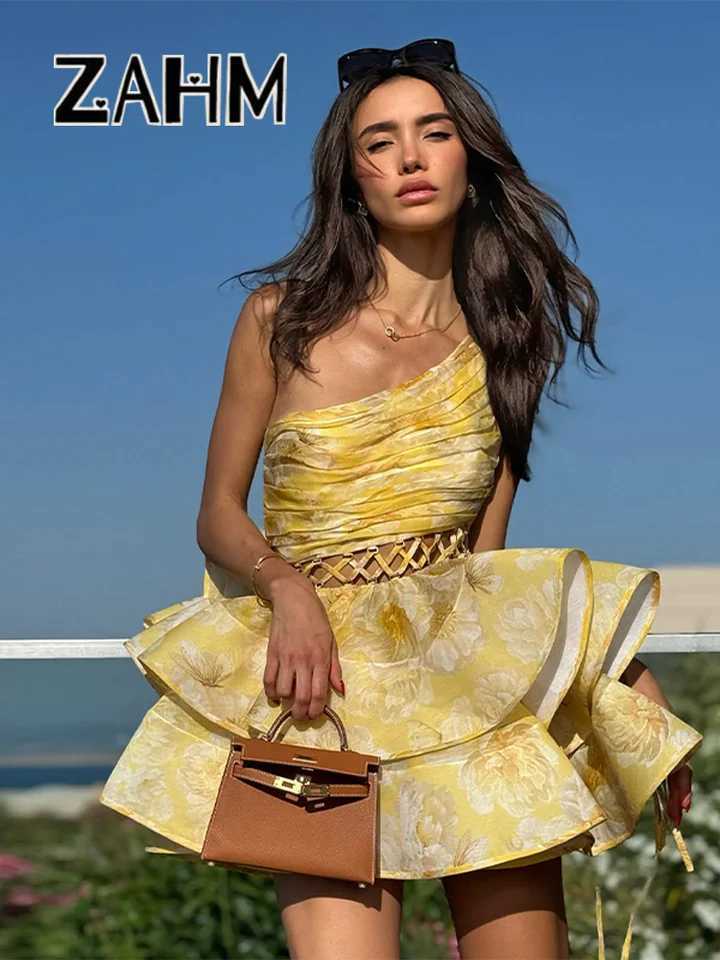 Sexy One Shoulder Print Short Dress Women Hollow Out Ruffle Hem A-line Floral Dresses 2025 Spring Lady Party Robes New XJ250610
