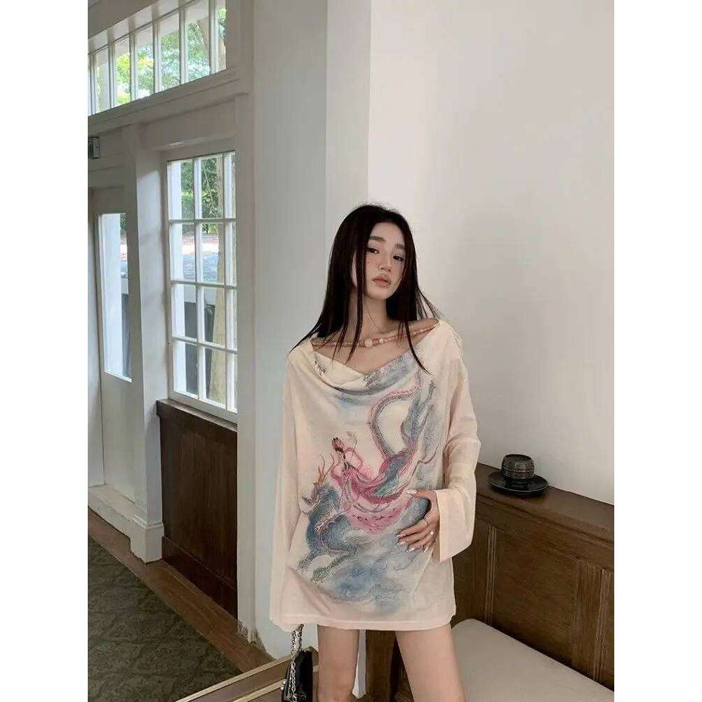 Chinese Print Swing Collar Long Sleeve Sunscreen Oversized T-Shirt Women Tops Summer New Spicy Girl Thin Loose Casual Top