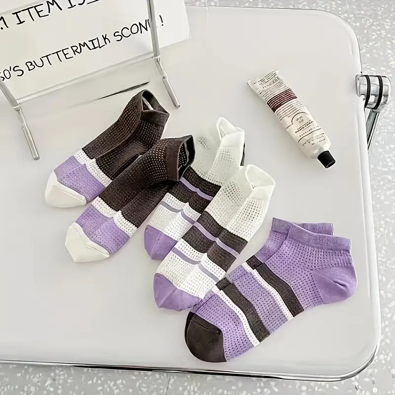 Elegant Striped Womens Ankle Socks with Breathable Mesh Lightweight Polyester Blend for All-Day Comfort