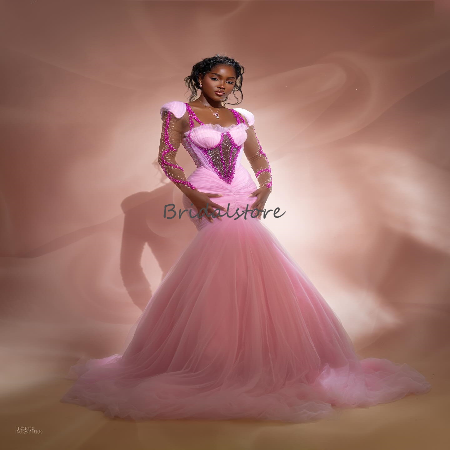 Luxury Pink Aso Ebi Prom Dress Charming Beaded Mermaid Evening Dress African Nigeria Tulle Birthday Dress Formal Vestio De Gala Party Dress 2025 Robe 
