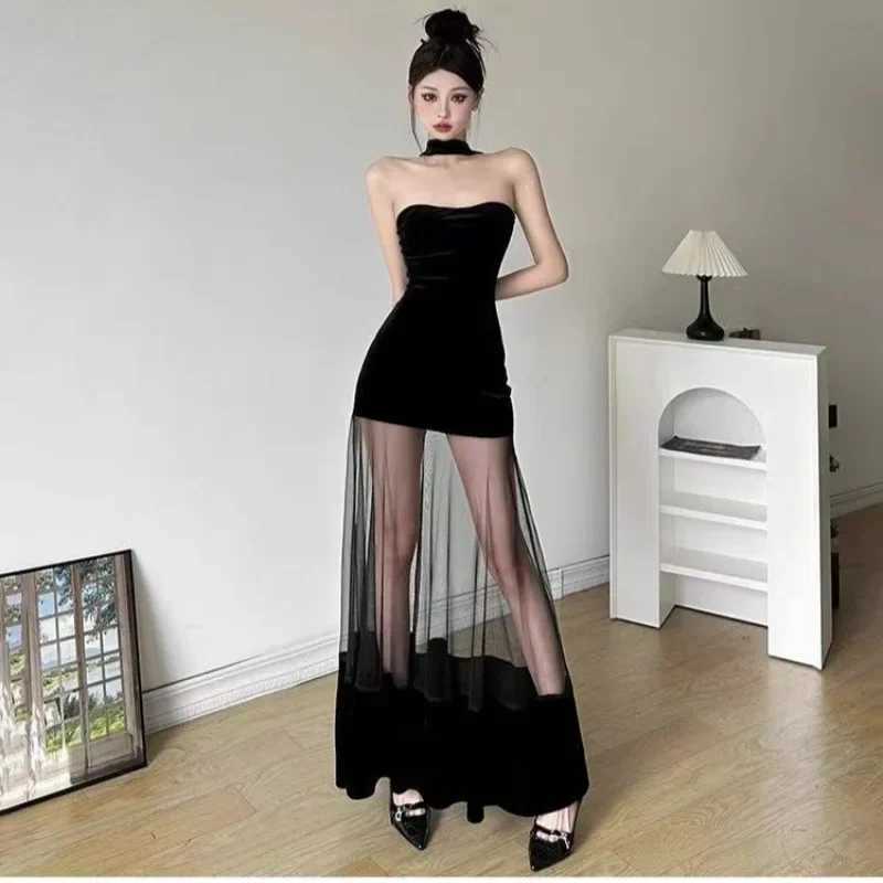 Pure Color Velvet Dress Women Sexy Birthday Party Gown Slimming Skirt Sleeveless Polyester Fiber Regular Waistline Design XJ250610