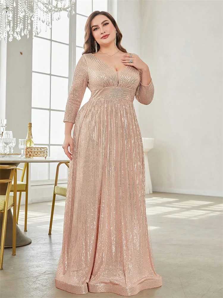 Plus Size Luxury V-Neck Long Sleeves Sequins Evening Dress For Women 2024 Wedding Party Prom Maxi Cocktail Bridesmaid Gowns XJ250610