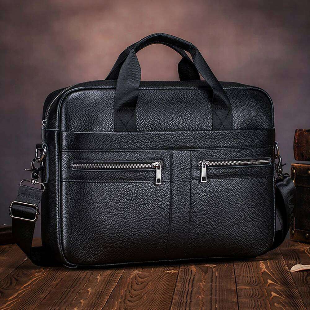 Men's Leather Briefcase, Cowhide Shoulder Crossbody Large Capacity Office Computer Bag, Multifunctional Handbag