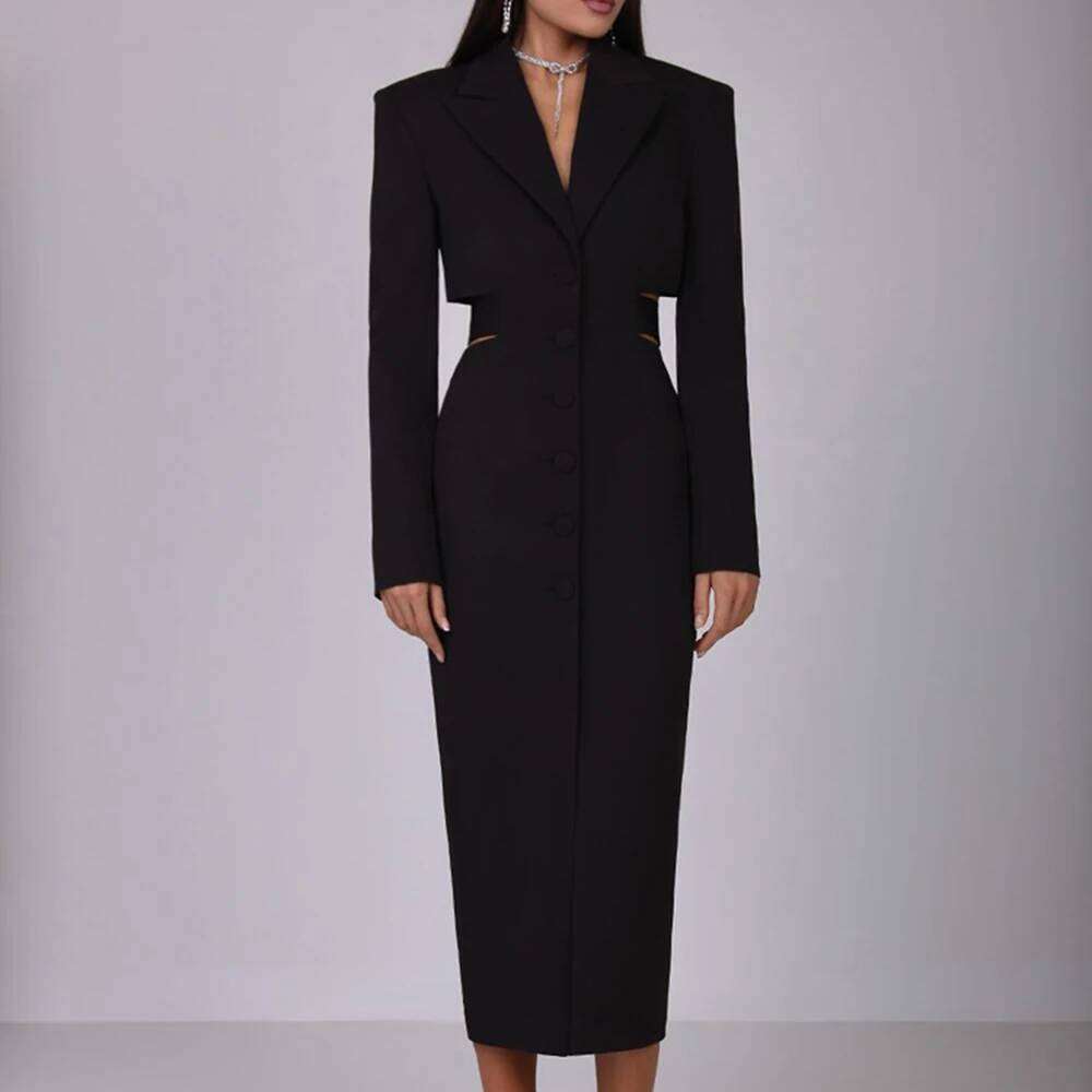 Street Hollow Out Tunic Dresses For Women Notched Collar Long Sleeve High Waist Spliced Button Temperament Dress Female