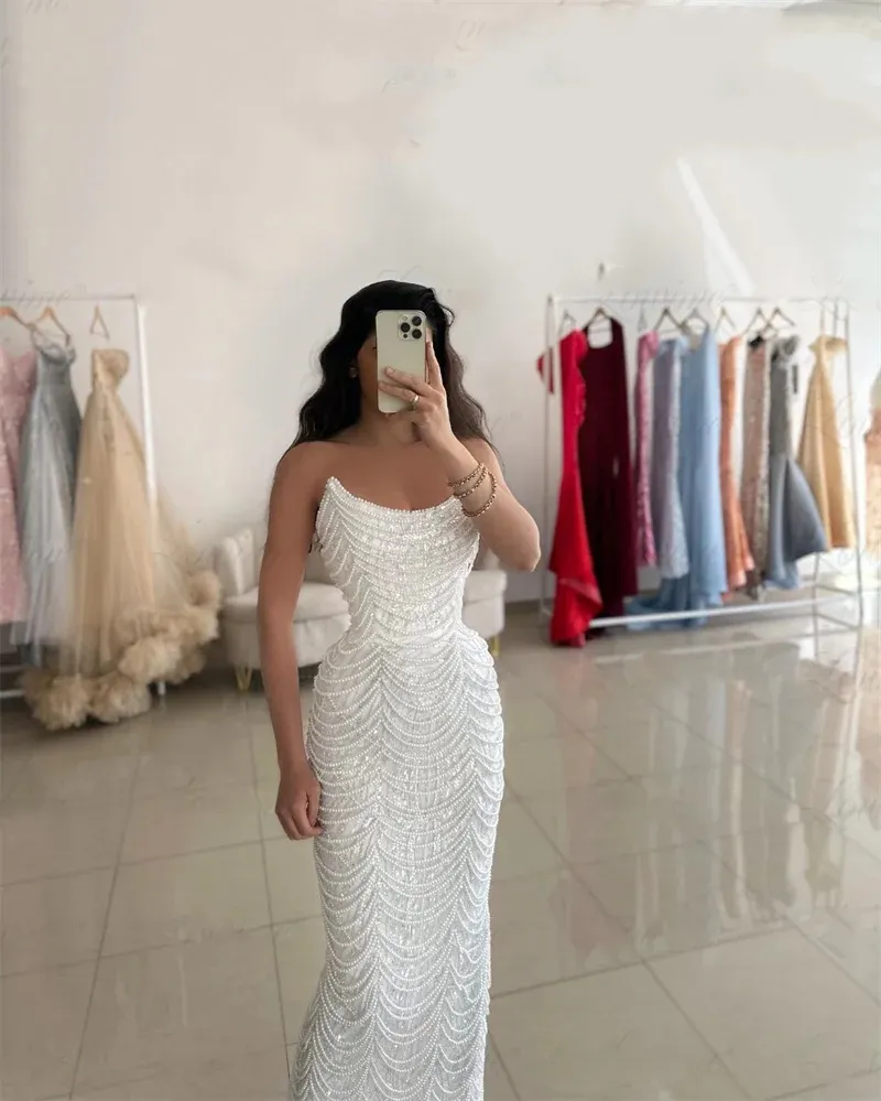 Elegant Pearls Sleeveless Prom Dresses Fashion Sequined Beading Evening Dress Ankle Length Celebrity Party Gown Customized