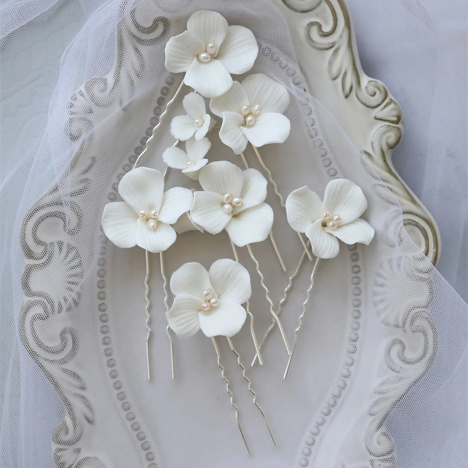 Simple White Ceramic Flowers Hairpins Clips Bridal Hair Clips Pins Wedding Jewelry Women Hair Piece Wedding Hair Accessories 250610