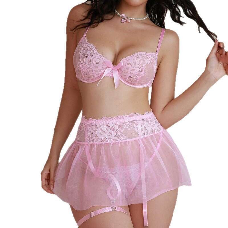 Spell Lingerie Porn Suits French Style Ultra Thin Lace Sexy Lingerie Pink Pure Desire Dress With Foot Covers Four Piece Set Sexy Lingerie