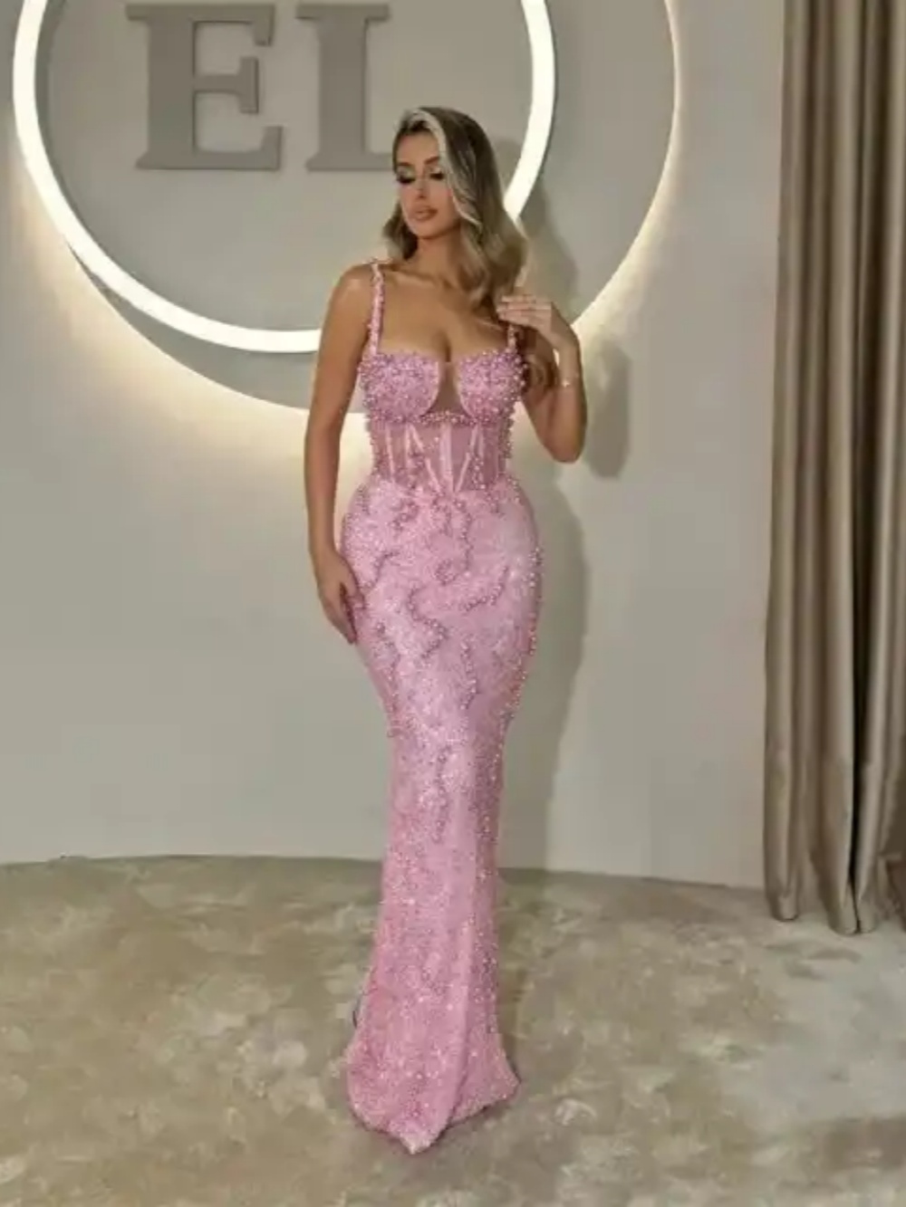 Fashion Mermaid Evening Dress Beaded Pearl Spaghetti Strap Sleevless Prom Gowns Illusion Floor Length Formal Dresses Customized