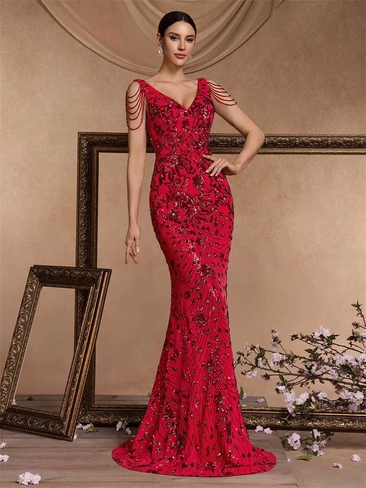 Elegant Deep V-Neck Red Sequin Formal Evening Dresses Women 2024 Beading Wedding Party Mermaid Cocktail Prom Gown XJ250610