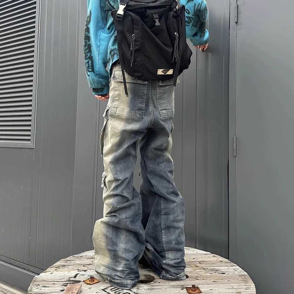 RO Style Gradient Ribbons Multi-pockets Drawstring Jeans for Men Harajuku Streetwear Baggy Y2K Denim Trousers Oversized Cargos M250610
