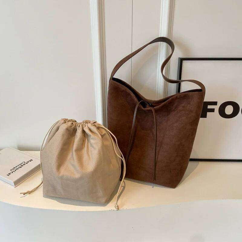 Vintage Brown Black Faux Suede Bucket Design Women's Solid Color Large Capacity Shoulder Purse Totes Bag Composit