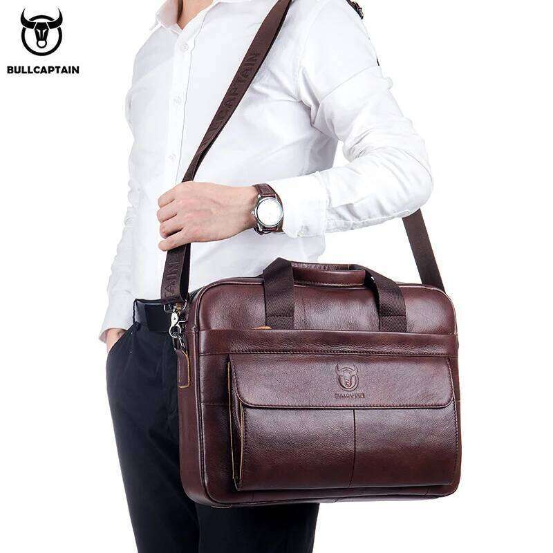 BULLCAPTAIN Genuine Men Briefcase Laptop 14 Messenger Men's Leather Bag Business Portfolio For Document A4