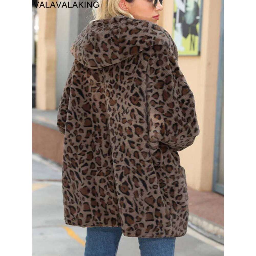 2025 Autumn Winter Long Sleeve Women Jacket Thick Plush Hooded Warm Casual Leopard Soft Loose Cardigan Lady No Buttons Coat