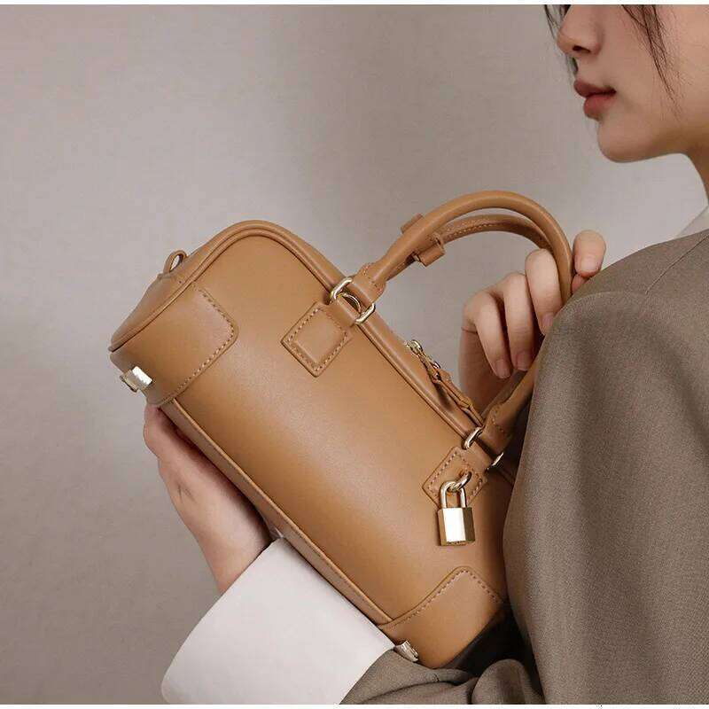 Boston Handbag Women's Genuine Leather Small Square Metal Lock Design Fashion Crossbody For Ladies High-End Bag