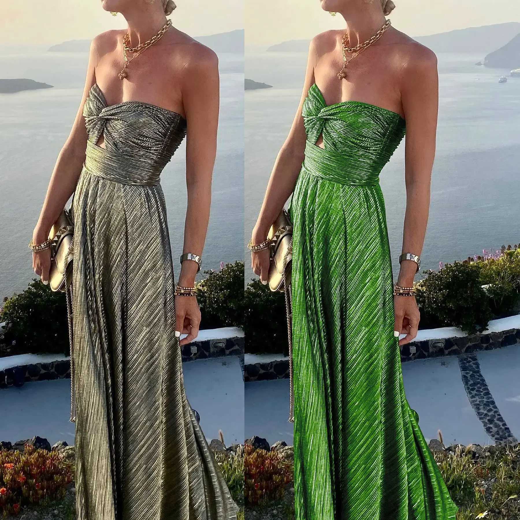 Womens S-XL Size European and American Spring Summer New Sexy Chest Wrapping and Gold Stamping Party Dress INS Casual Flare XJ250610