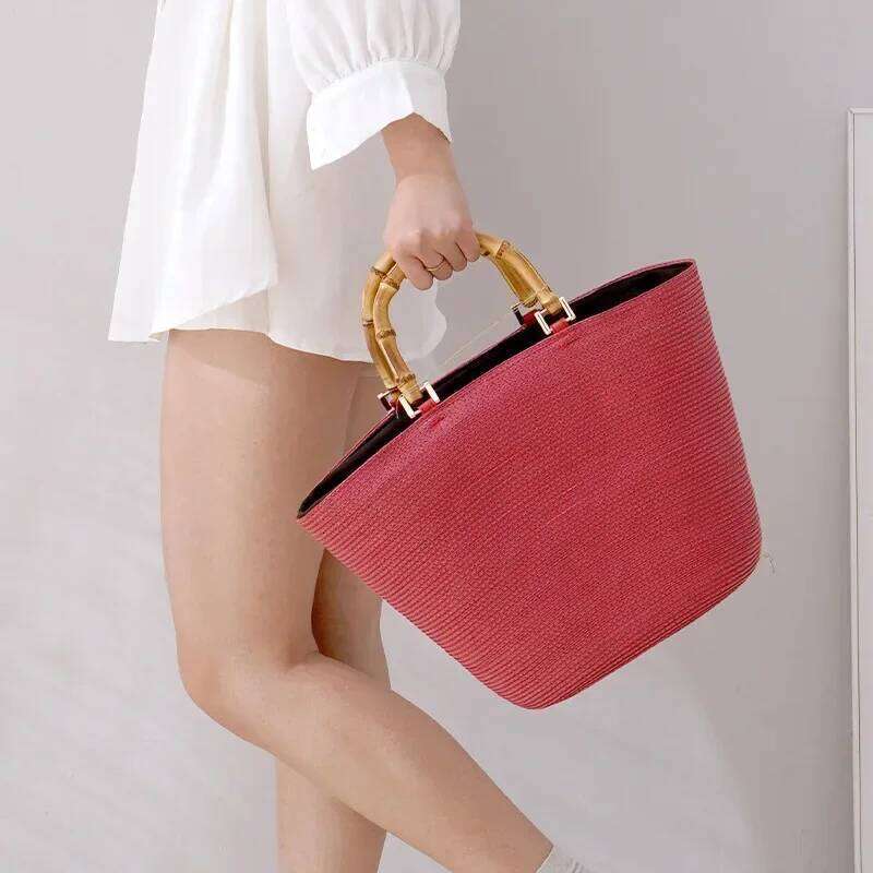 Large Capacity Bamboo Handle Straw Casual Rattan PP Grass Woven Color Matching Striped Tote Summer Beach Shoulder Bag