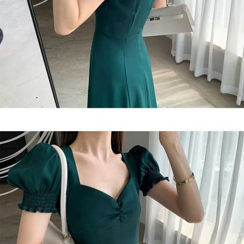 Solid Puff Short-Sleeved Elegant Slit Dress New Fashion Women V-neck Full Dresses Ladies High Waist Slim Evening Party Vestidos XJ250610
