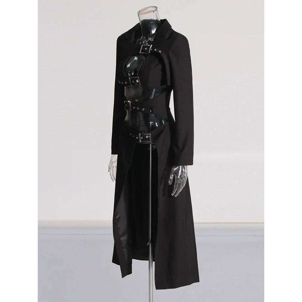 TWOTWINSTYLE Solid Hollow Out Coat For Women Lapel Long Sleeve Spliced Belt Chic Sexy Asymmetrical Jackets Female New